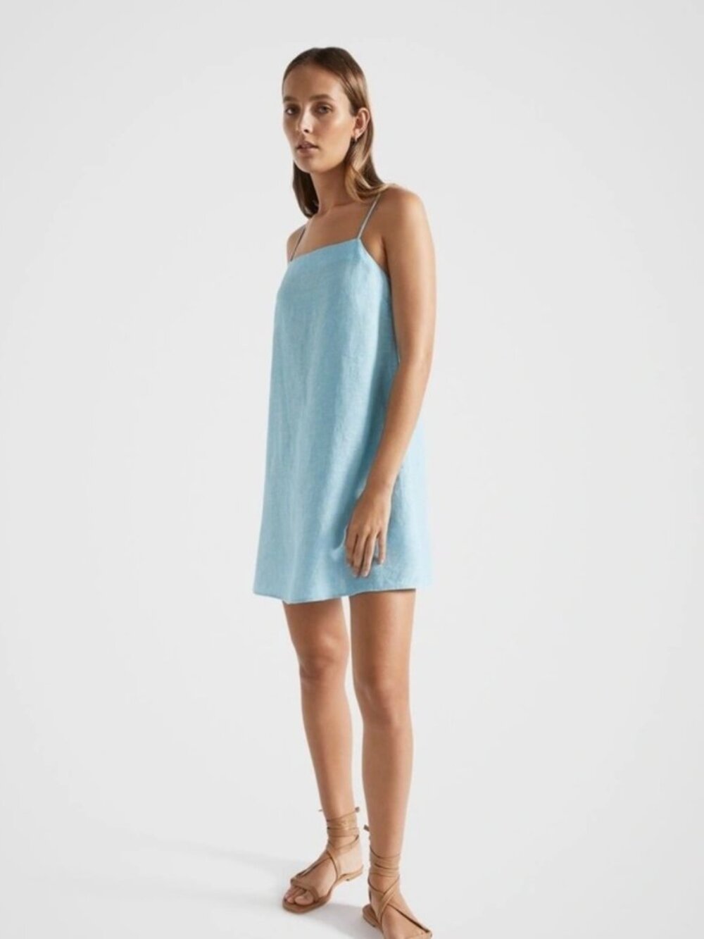 NWT SEED Heritage Core Linen A Line Mini Dress in Shimmer Blue Cross Dye Size 8